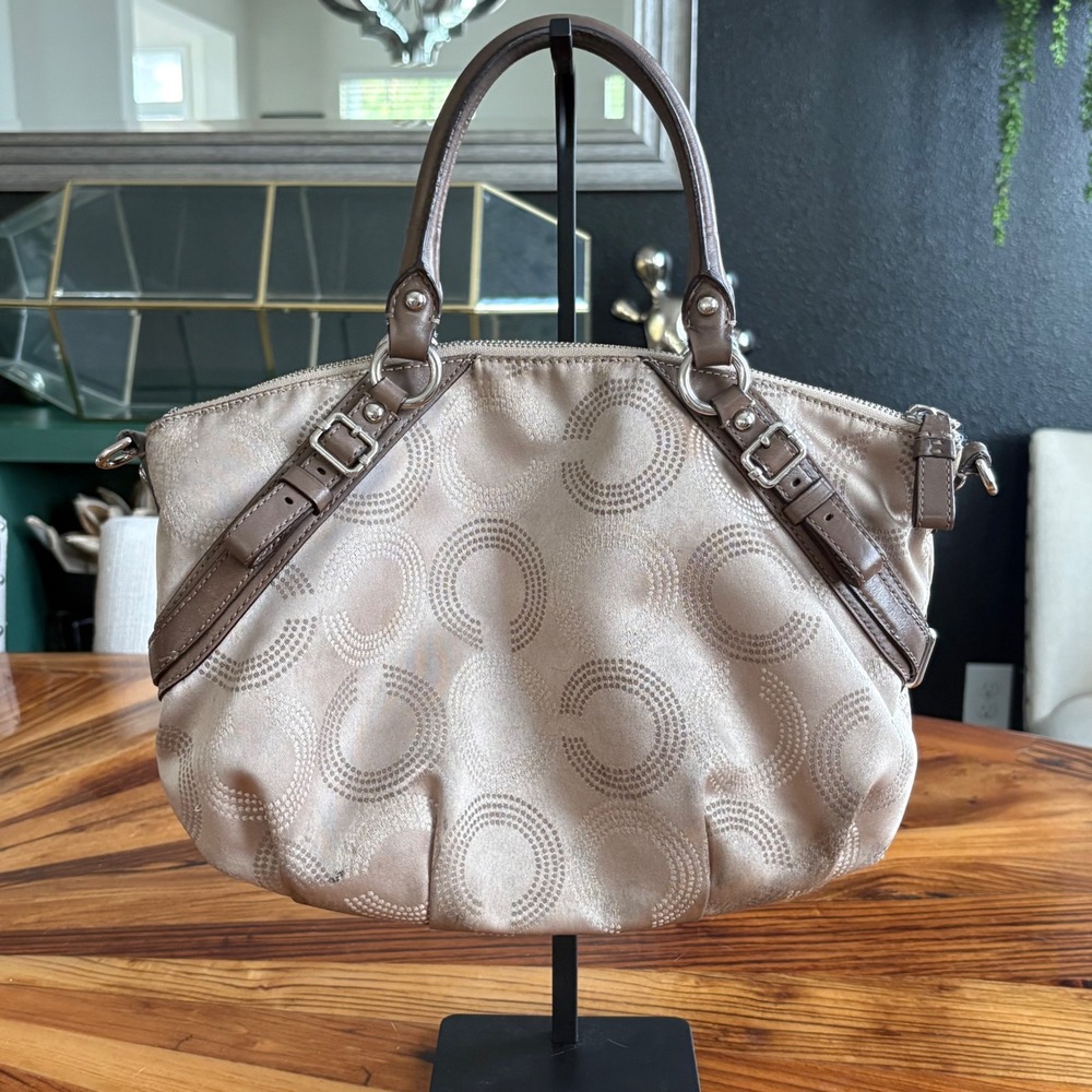 Coach Signature Jacquard Satchel Taupe Champagne Leather Shoulder Y2K Classic - Picture 2 of 6